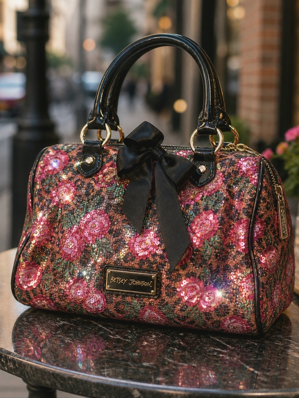BETSEY JOHNSON Rose and Leopard Sequin Satchel..oh So Pretty and FLAWLESS!